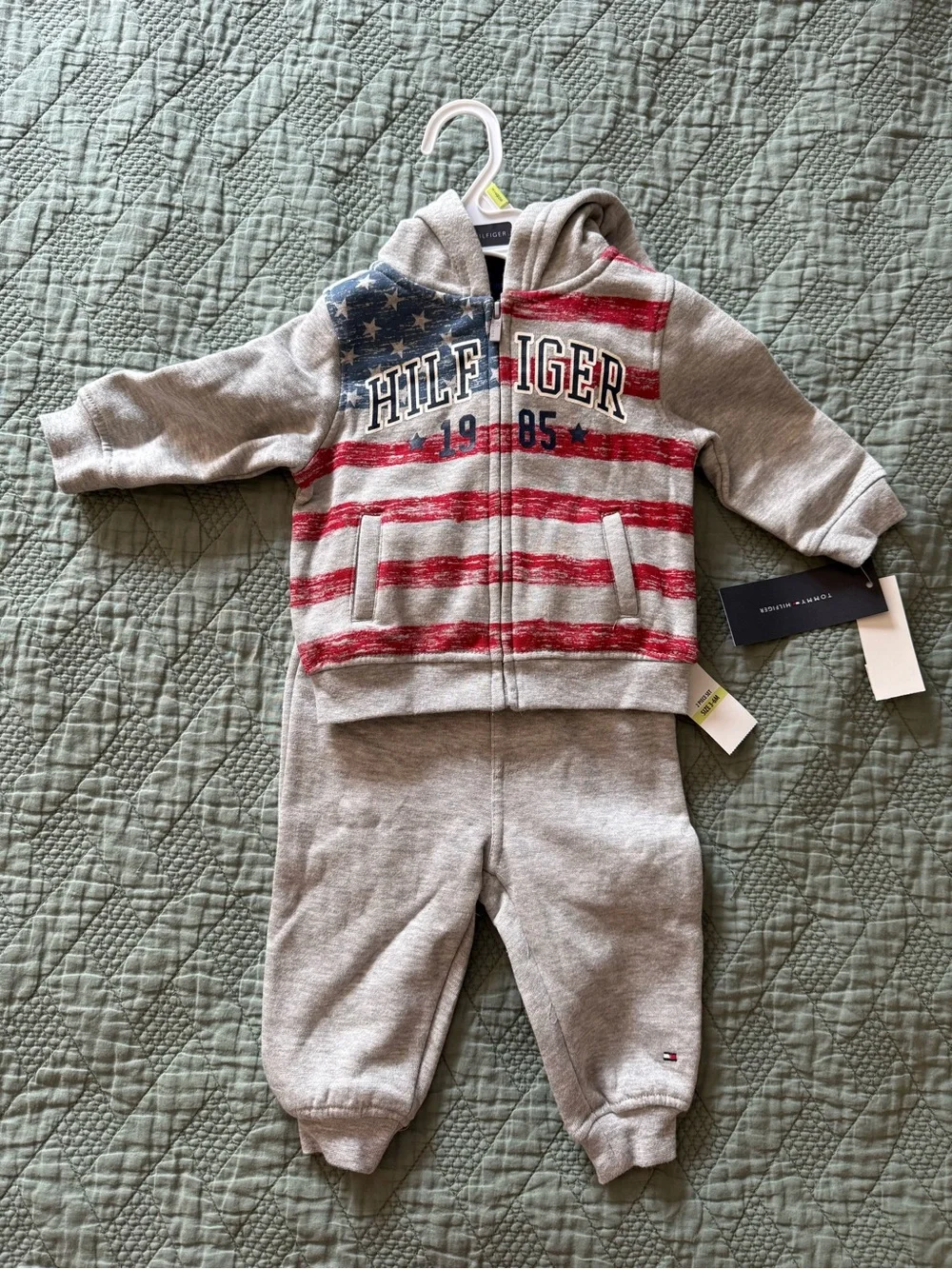 Tommy Hilfiger Gray Hoodie & Jogger Set with Red and Navy Flag Detail